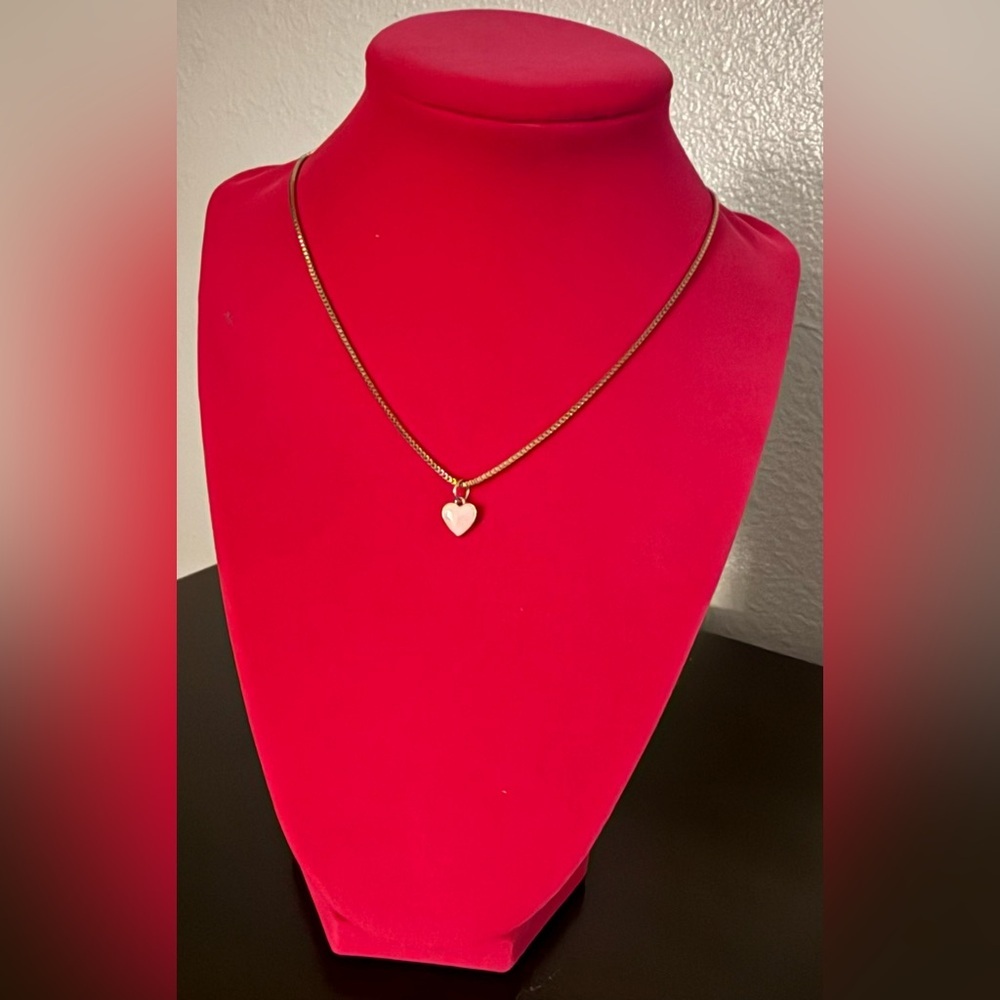 Delicate Gold Tone Heart Necklace | Minimal Pink Heart Pendant Layering Jewelry - Picture 2 of 4